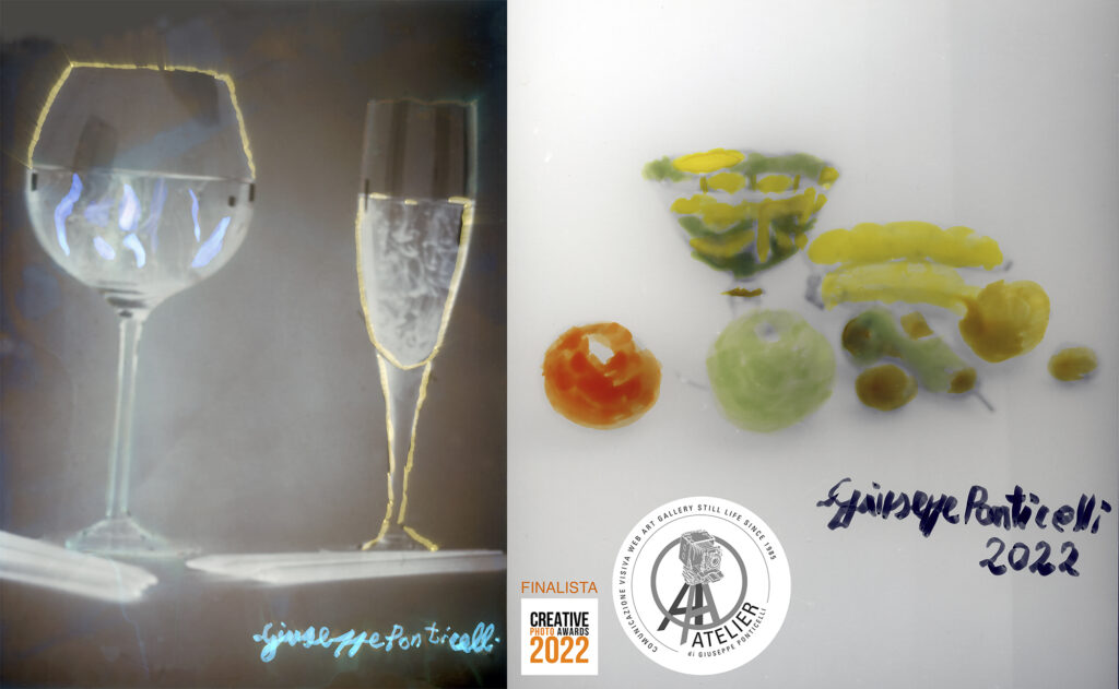 bicchieri e frutta, stampe bianco & nero colorata a mano con ecoline ad acqua